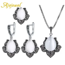 Ajojewel Retro Chic Woman Vintage Jewelry Set For Women White Opal Earrings Black CZ Pendant Necklace Ring Wholesale