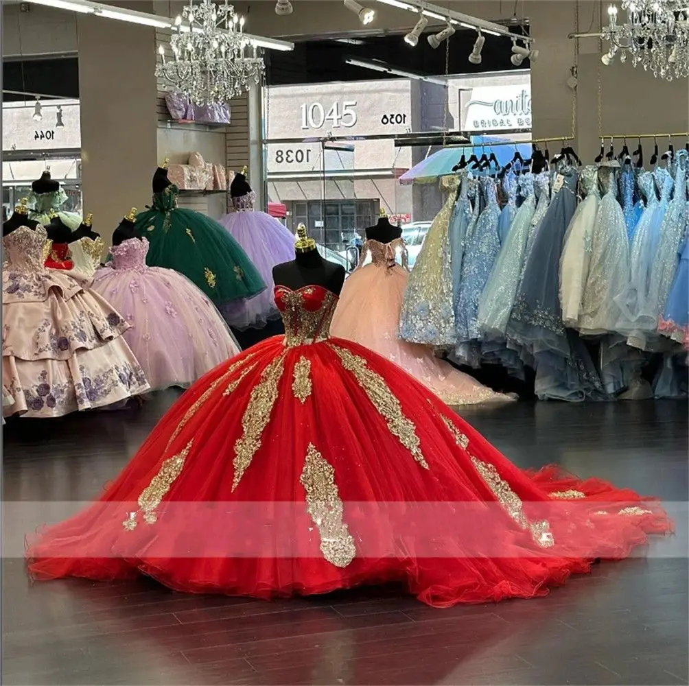 Lorencia Mexico Red Quinceanera Dress Girls Beaded Party Gown Gold Applique con Cape Sweet 16 Vestidos De XV 15 Anos YQD423