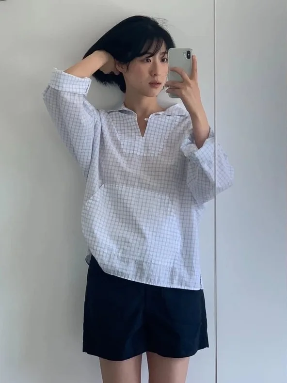 

Лето 2023, тонкий хлопковый клетчатый женский повседневный свободный крой, длинный све, против морщин, топ с деталями Faion