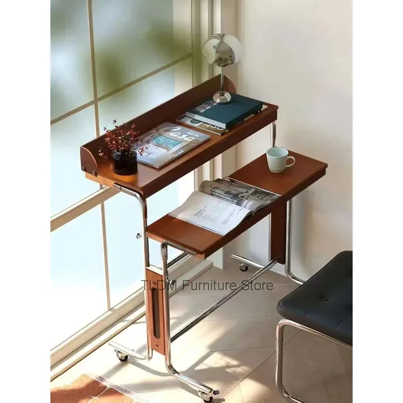 Adjustable 2-Tier Rolling Side Table with Wooden Shelves, Chrome Metal Frame Mobile Computer Desk for Living Room & Home Office
