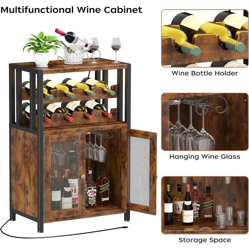 Armoire de bar à vin avec poignées amovibles, porte-verre T1, café de ferme, port USB, lumières LED