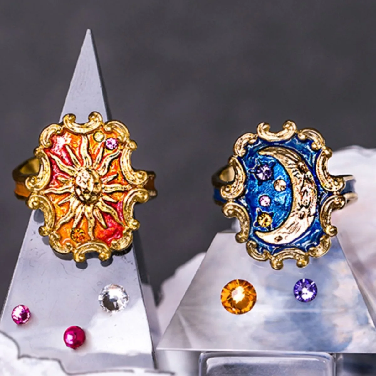 Vintage resim çerçevesi güneş ay zirkon yüzük japon saray tarzı emaye damla sır zanaat yüzük ve endeksi parmak yüzük