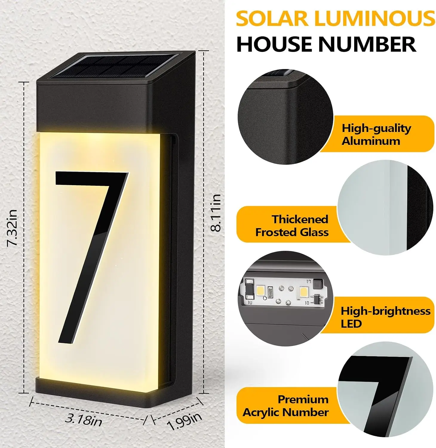 Solar House Numbers Aluminum Housing Frosted Glass Four Set