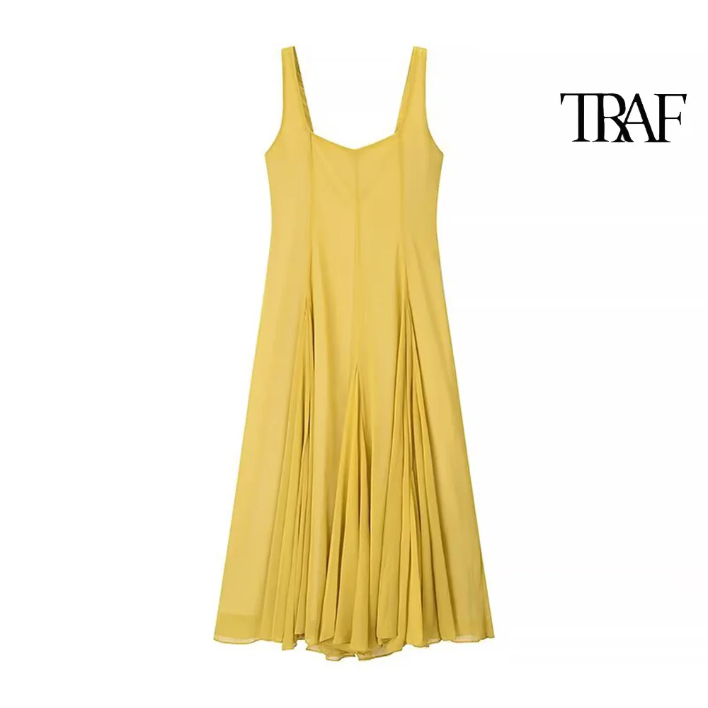 

TRAF Women's New Fashion Holiday Style Loose Square Neck Dress Sexy Backless Midi Dresses Temperament Elegant Women's Clothing