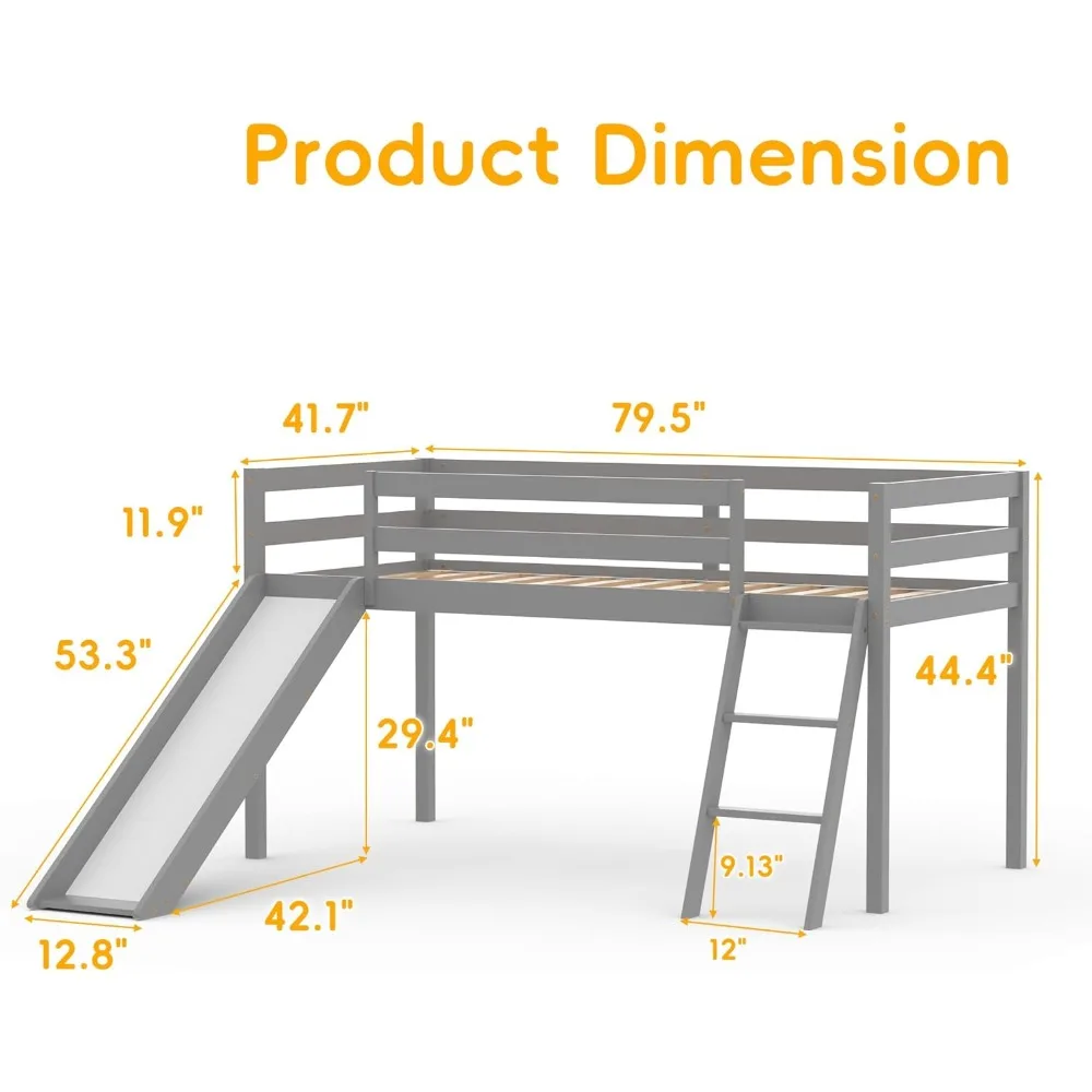 Xilingol Low Loft Bed with Slide, Wood Twin Bed Frame with Climbing Ladder for Toddler Kids