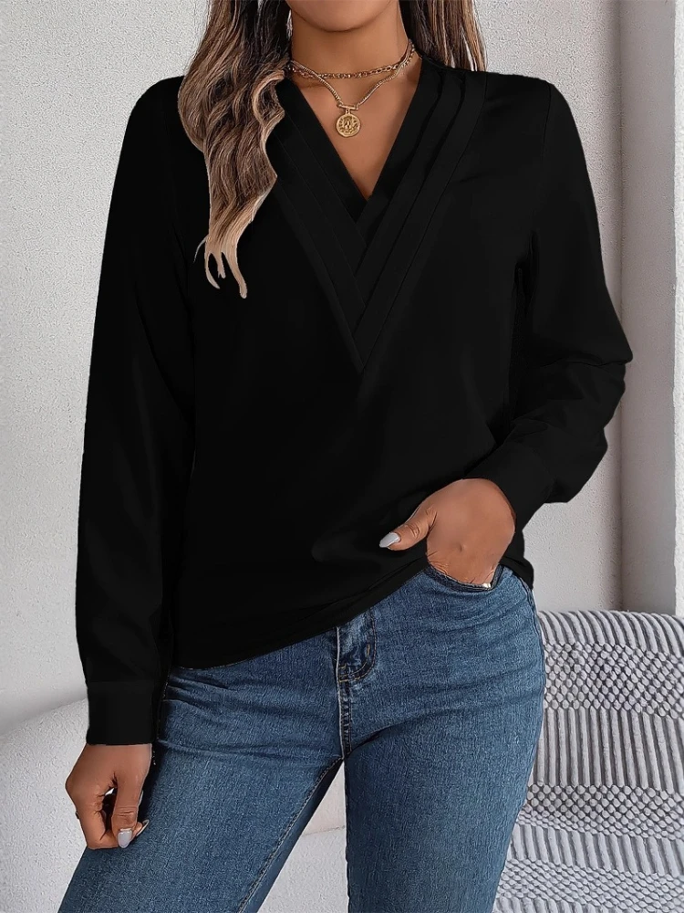 2025 new v-neck long-sleeved shirt fashionable and sexy solid color elegant top women