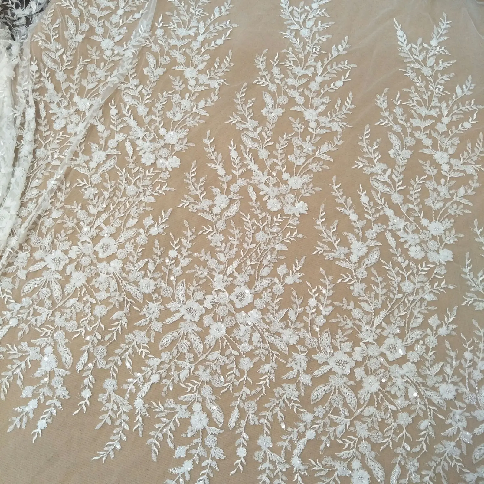 Fashion beading gown dress lace fabric 130cm width bridal lace applique sell by yard