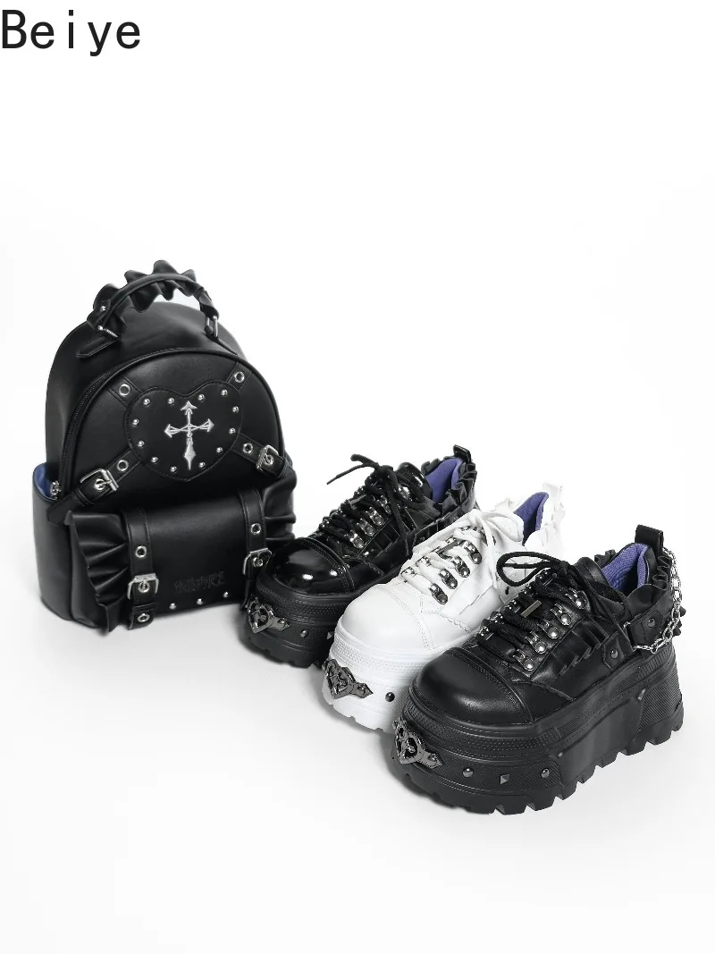 Women Gothic Y2K Platform Sneakers Punk Rivet Metal Chain Lace‑up Thick Sole Shoes Lady Sweet Cool Streetwear Casual Board Shoes