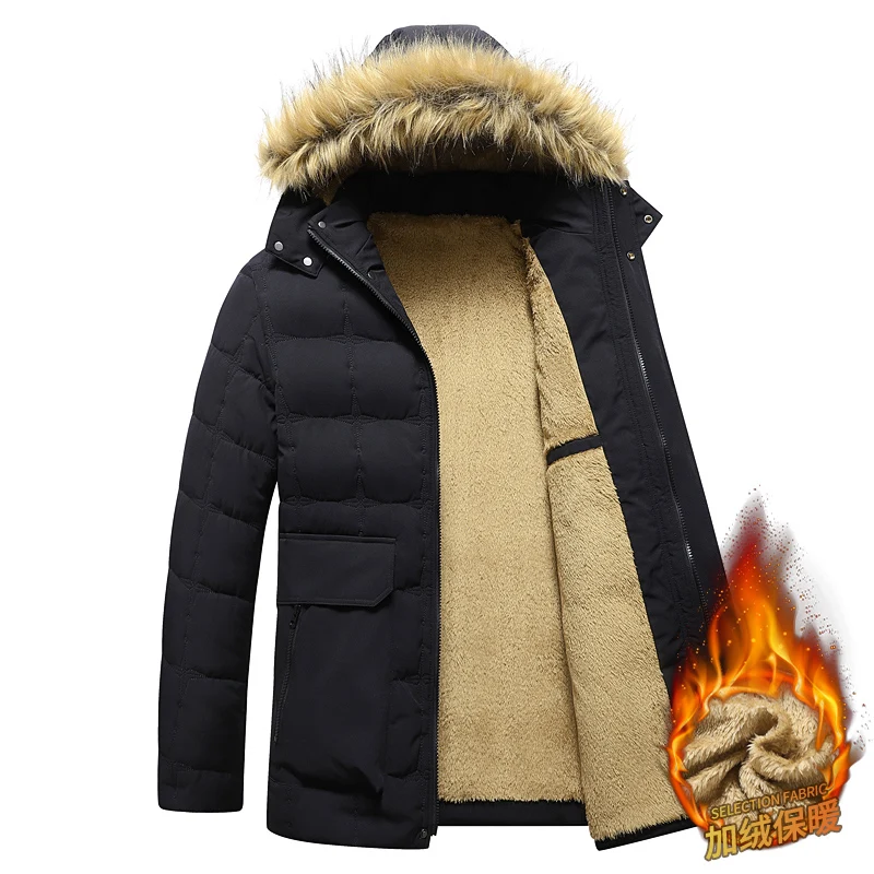 

Men's Vintage Thickened Warm Pocket Work Parka Velvet Coat Casual Faux Fur Hooded Fleece Long Male Jacket Windbreaker Parkas