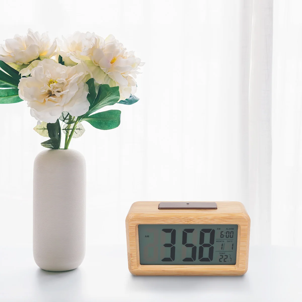 

Led Desktop Wooden Digital Alarm Light Sensor Adjustable Brightness Bamboo Shell Sturdy Home Office Bedroom Decor Wood