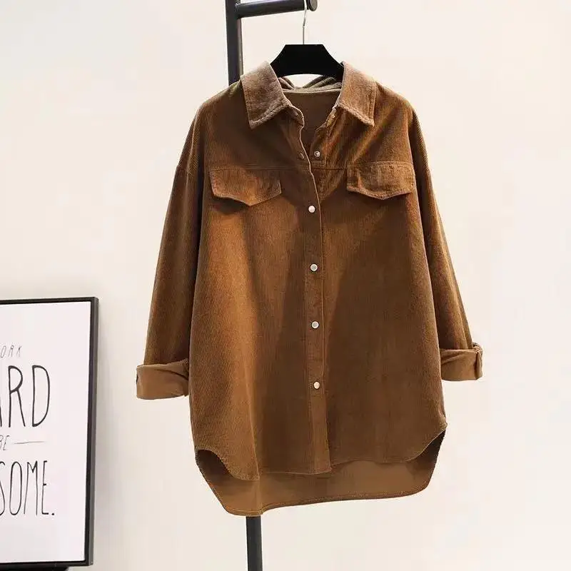 Avocado Green Mid-length Corduroy Shirt for Women Spring New Thickened Double Pocket Shirt Jacket Cardigan