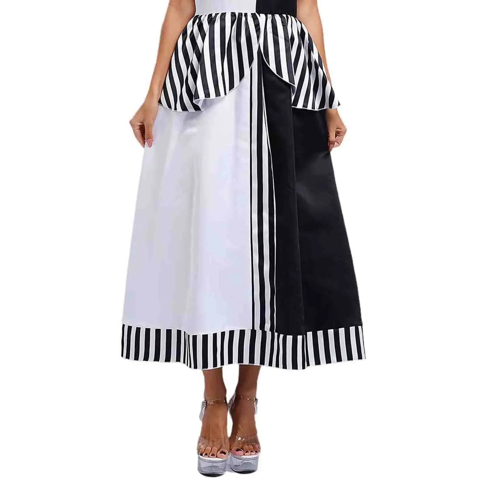

Women White Black Patchwork Clown Circus Killer Cosplay Dress Halloween Party Raves Funny Clown Stage Performance Dress Gowns