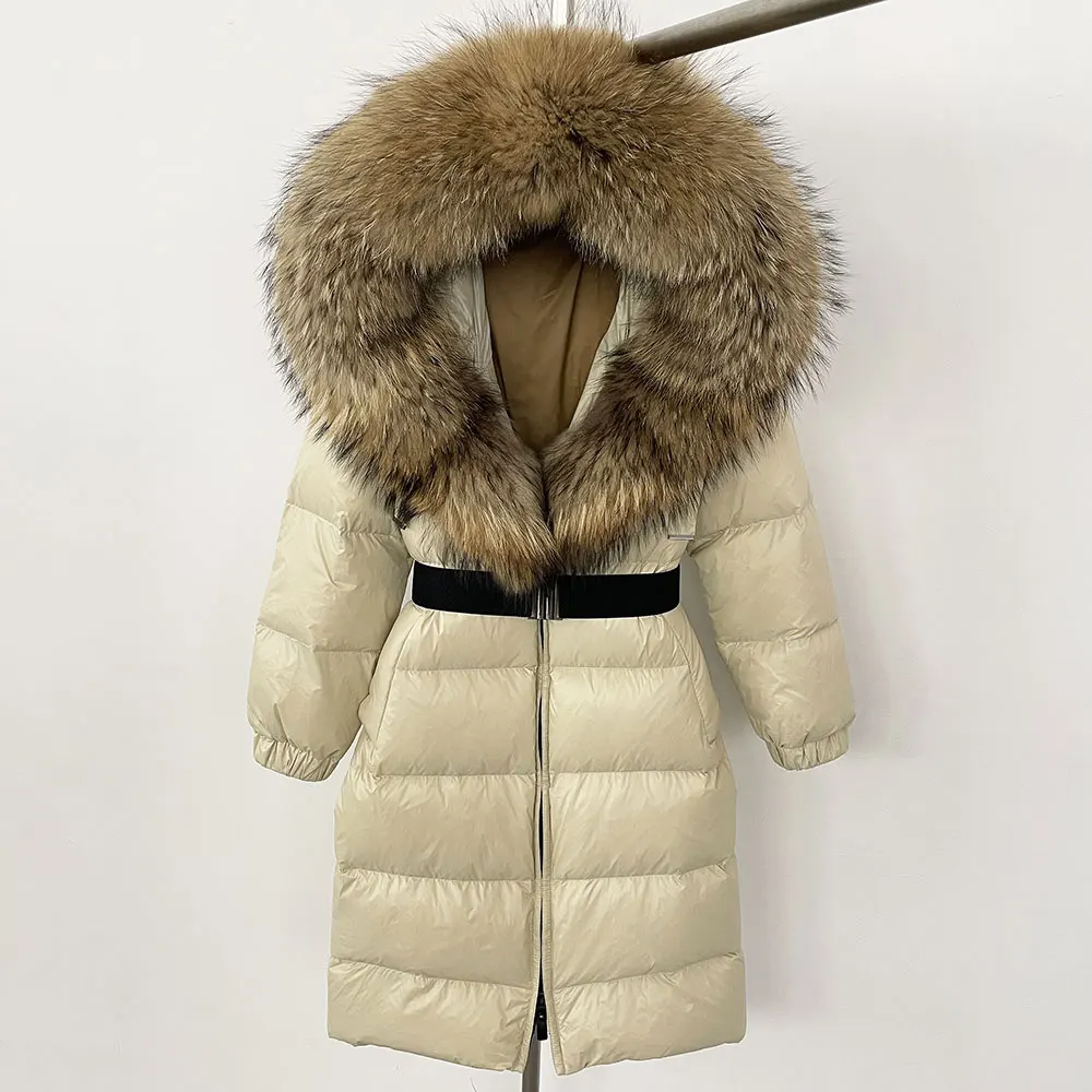 New Natural Thick Warm Long Winter Jacket Women Real Big Fox Fur Collar Belt Loose Puffer Parka 90% White Duck Down Coat