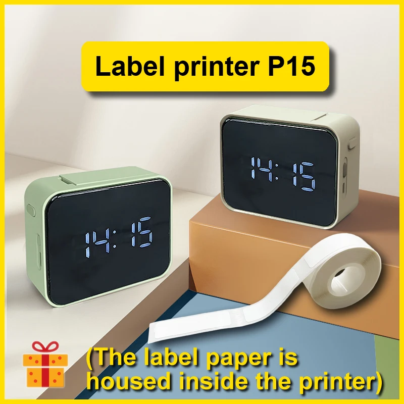 P15 Clock Printer+1 Roll Thermal Label Printing Paper Mini Label Maker Home Office Cable Classification Label Bluetooth Printer