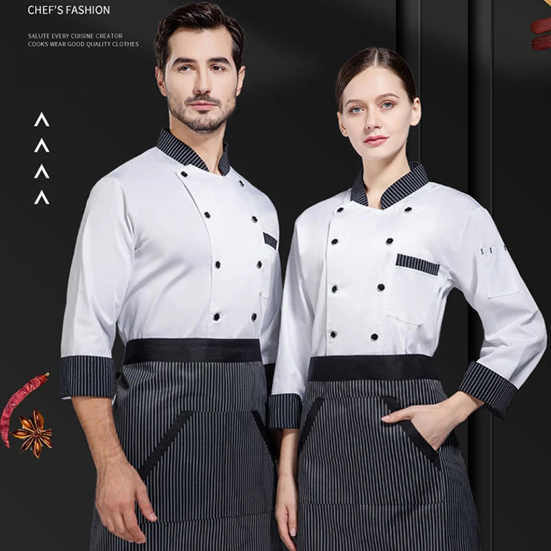 Camisa do chef da padaria cozinhar boné café garçom avental outono feminino chefe de cozinha do hotel jaqueta de manga longa