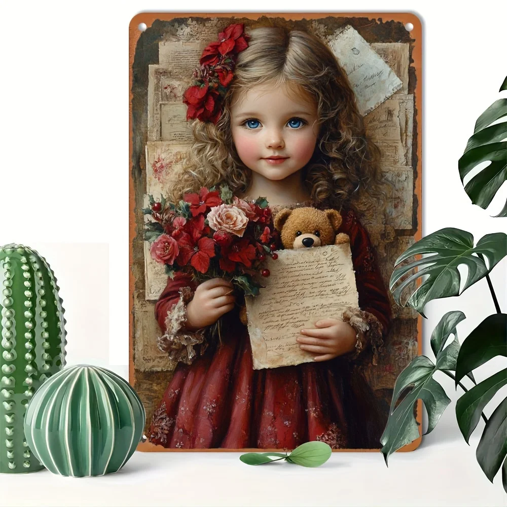 1pc of vintage Victorian tin signage with teddy bear and bouquet - Aluminum metal wall  waterproof and weatherproof
