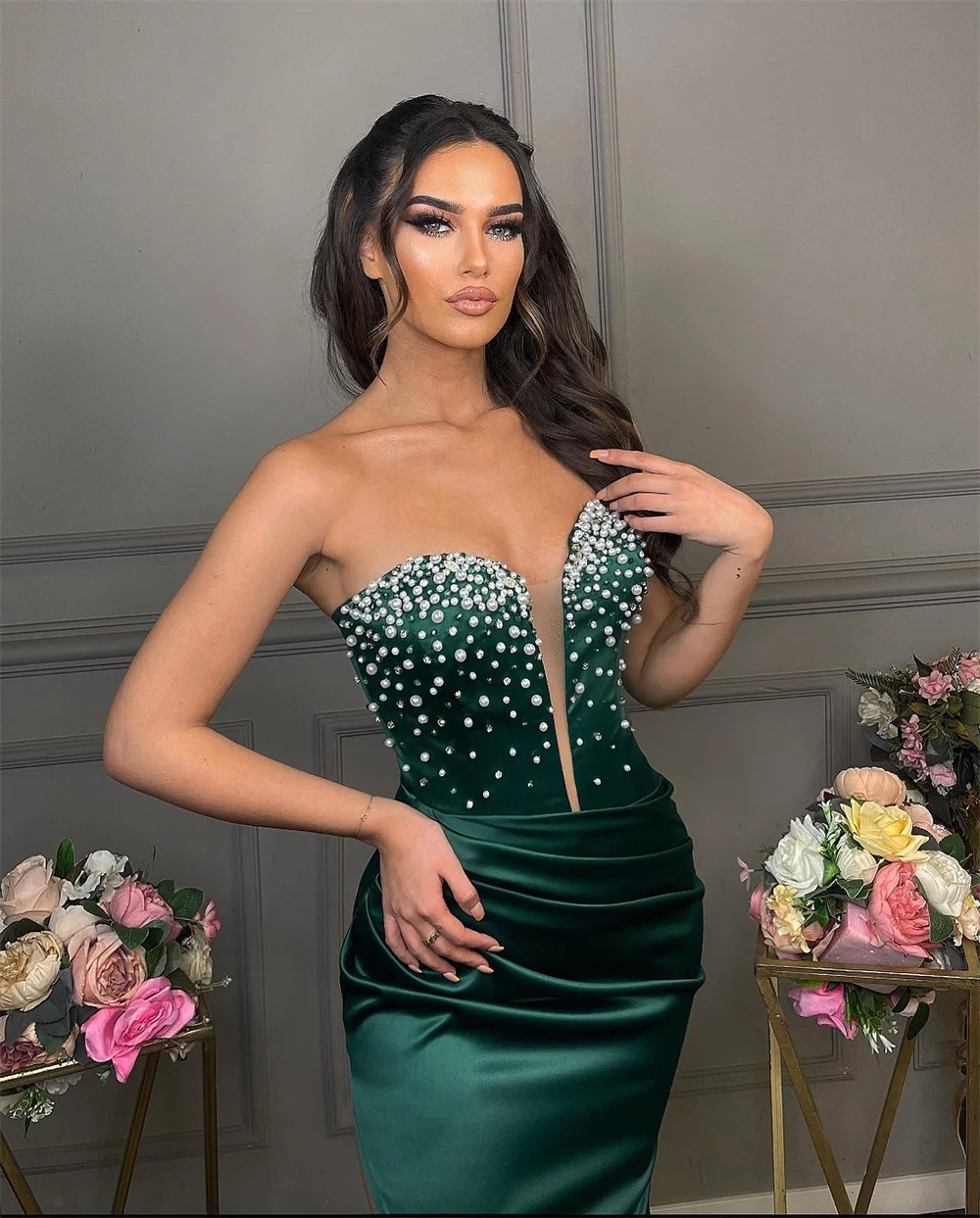 Bella Handmade Pearl Satin Robes De Soirée Sexy Dark Green Mermaid Prom Dresses Elegant Strapless Floor-length Wedding Dress