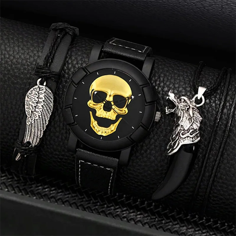 3PCS Luxury Mens Skull Watches Classic Men Business Leather Quartz Wristwatch Fashion Male Black Necklace Bracelet Watch