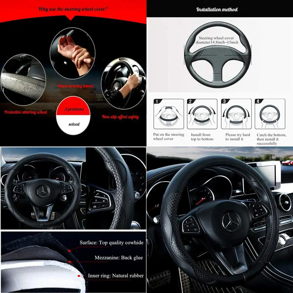 

Черный кожаный чехол на руль из воловьей кожи Чехол на руль BMW из натуральной кожи Универсальный размер M/15 дюймов Подходит для Ca
