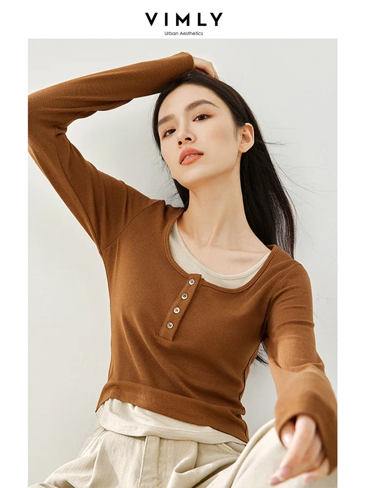 Vimly Contrast Fake 2 Piece Pullover T-shirt Female Autumn O-neck Long Sleeve Tops 2023 Fall New High Strecth Slim Tshirt M5119