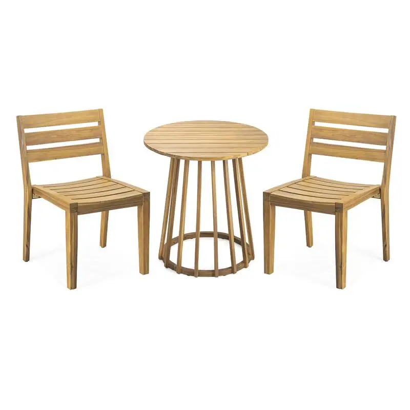 Outdoor Acacia Wood 3-Piece Round Bistro Dining Set, Teak Finish, Perfect for Patios and Gardens