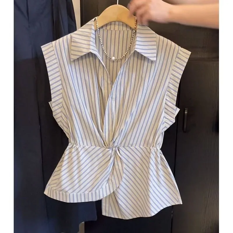 Summer 2026 Women's  Neck Sleeveless Shirt Waist-Cinching Stripe Patchwork Commute Style Loose Fit Polyester Casual Top