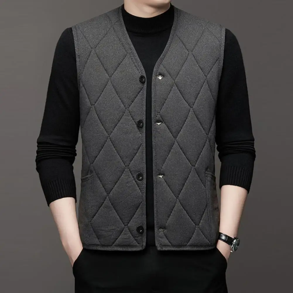 

Men Winter Vest Single-breasted Sleeveless Padded Waistcoat V Neck Plush Lining V Neck Waistcoat Autumn Men Casual Waistcoat