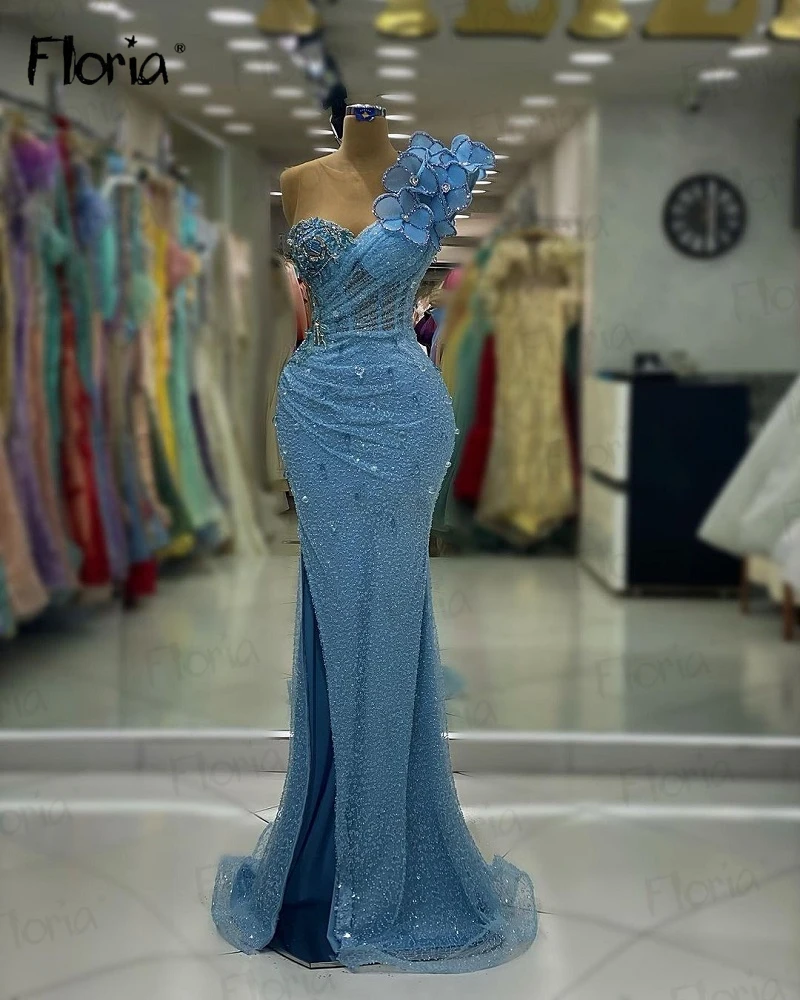 Haute Couture Blue Mermaid Party Dress Arabic One Shoulder Side Slit Beaded Long Celebrity Dresses for Wedding Custom Made