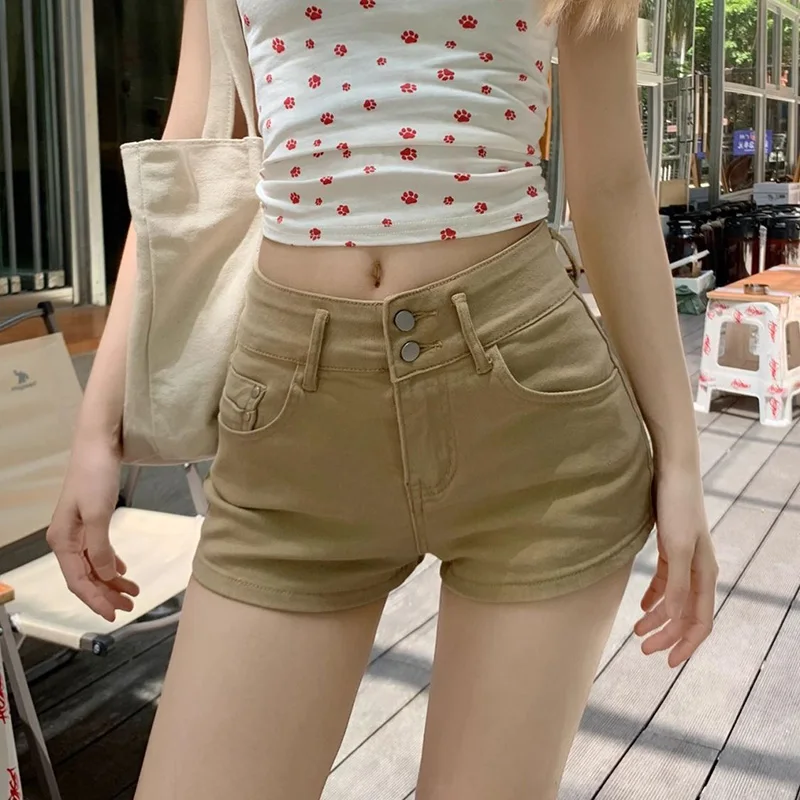

Summer Lady Ins Fashion Khaki Denim Shorts Girls Solid Thin Mini Denim Pants Female Korean High Waist Short Jeans
