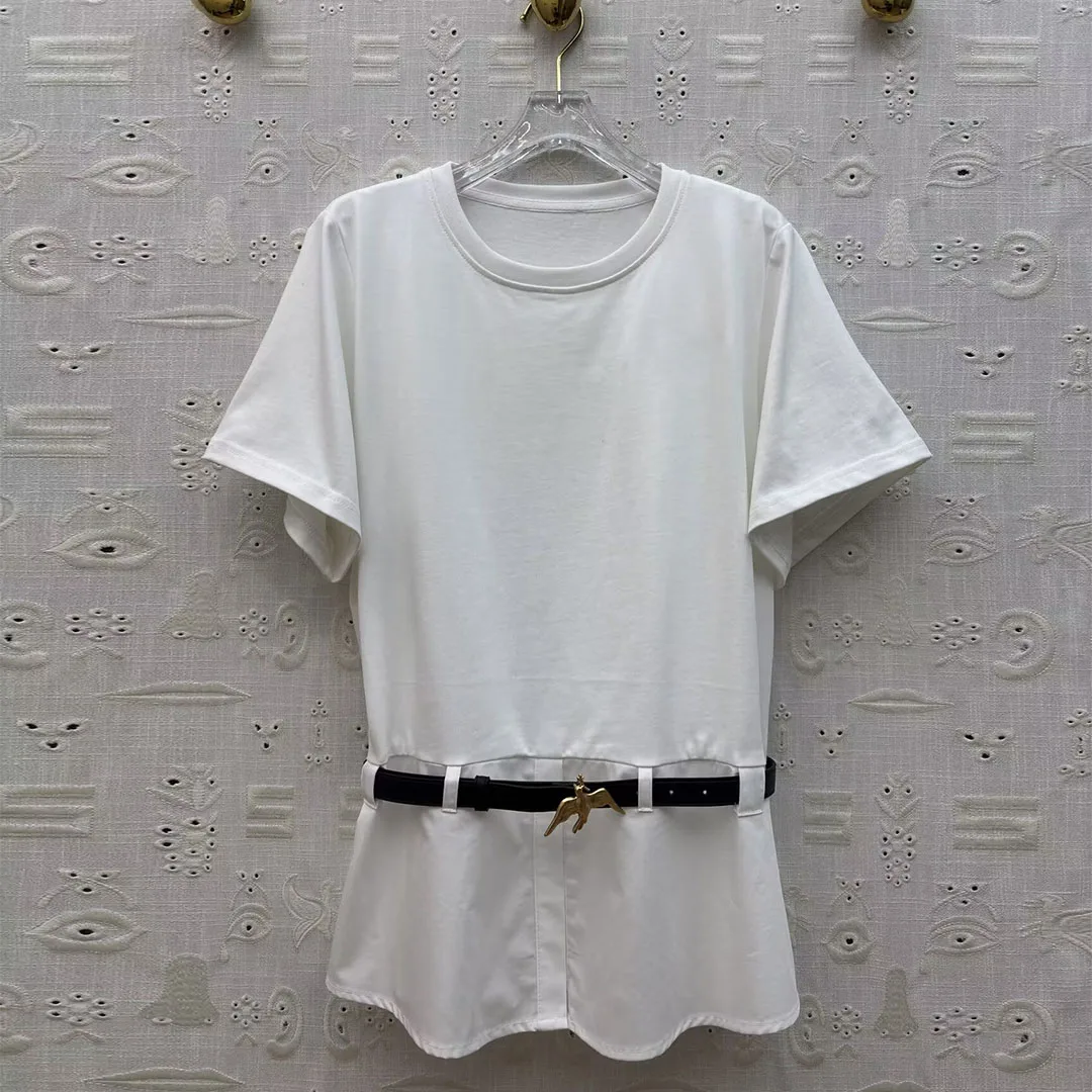 2026 New Summer Novelty Chic Gold Bird PU Leather Belt Cotton T-shirt Women O-neck Short Sleeve Solid Color Casual Loose Tops