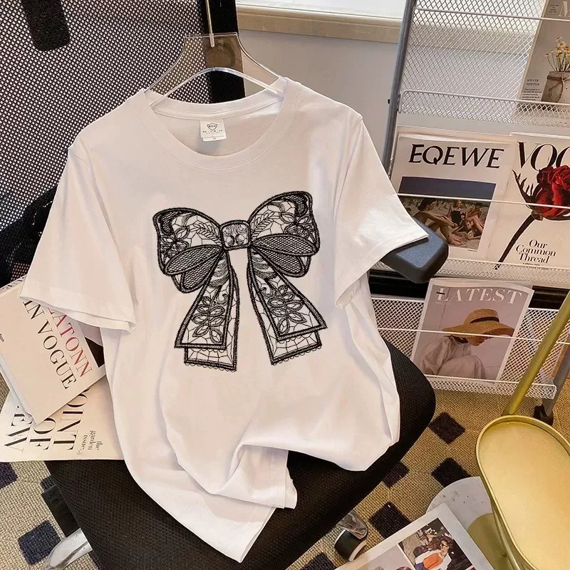 2025 New Korean Popular Lace Bow Print T-shirt Women Summer Short Sleeve Tee Casual Y2k Top Elegant Girls Clothes - Image 4