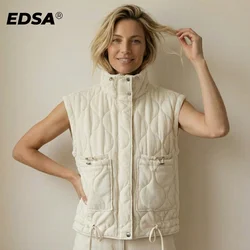EDSA Women Pocket Cotton Jacket Vest Sleeveless Stand Neck Zipper Waistcoat Loose Female Streetwear