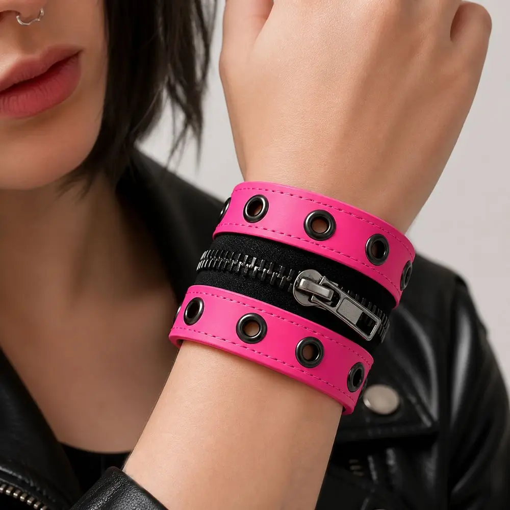 New Leather Leather Wristband Zipper Detail Rivet Accent Punk Arm Cuff Snap Closure Punk Style Zipper Bracelet