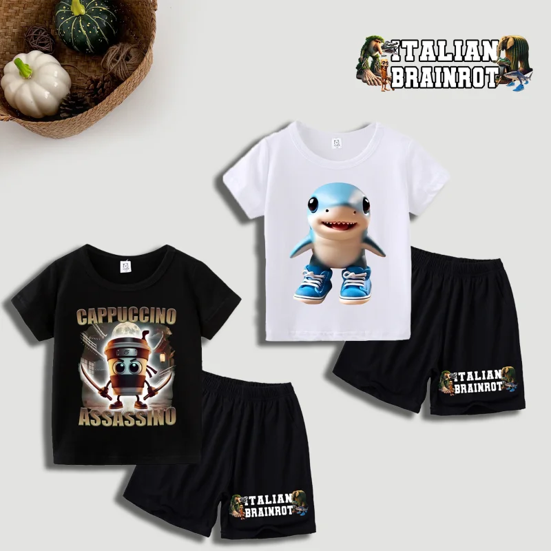 

2pcs Italian Brainrot T-shirt Short Sleeve Boys Girls Tee Pants Set Summer Children Clothing T-shirts Funny Animals Printed Tees