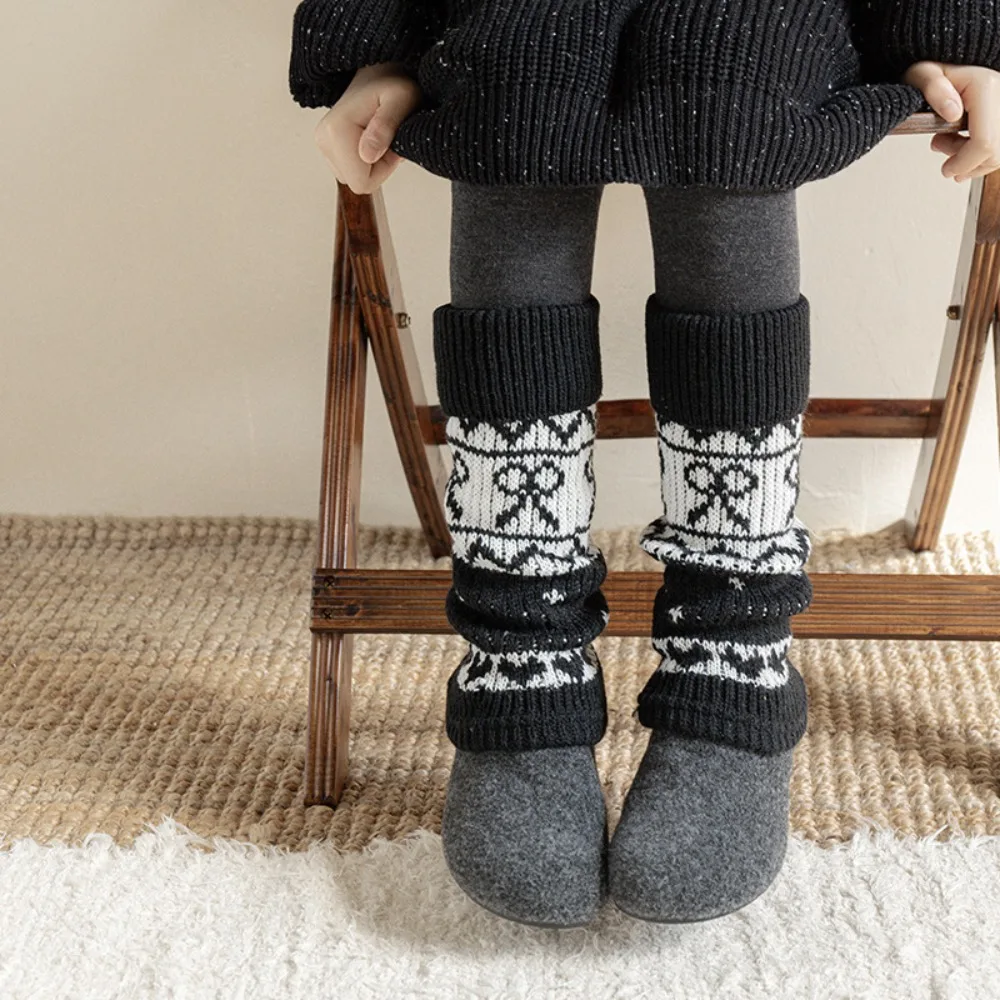 

Милые детские гетры в стиле Харадзюку с бантом, милые вязаные чехлы для ног в японском стиле, Kawaii Fair Isle, стильные вязаные носки для женщин