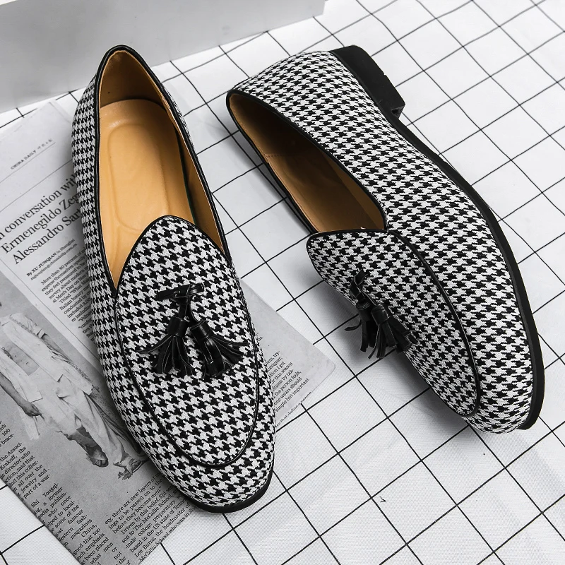 houndstooth men loafers cow suede leather shoes party nightclub dress slip on summer shoe comfortable sneakers zapatos hombre