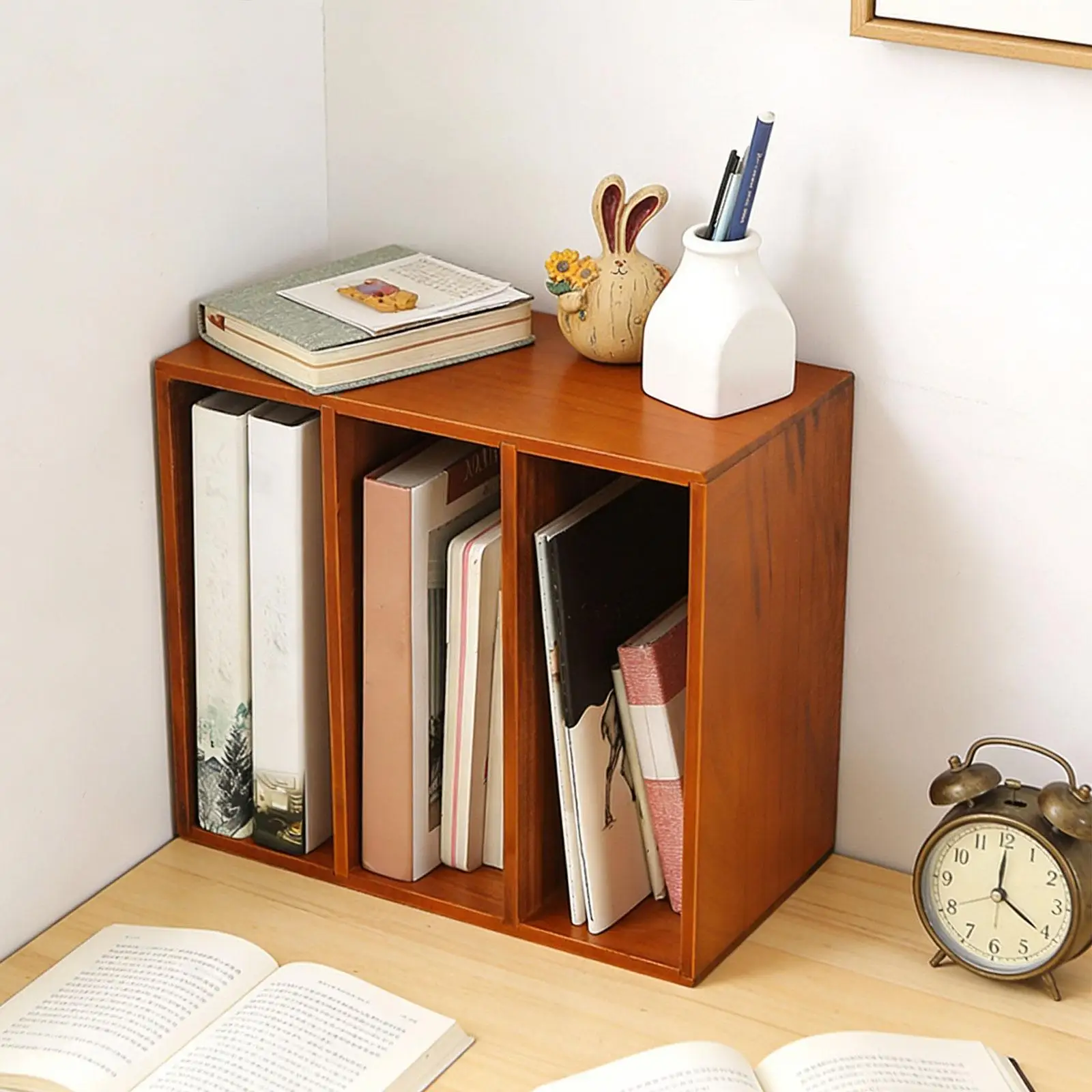 Book Holder 3 Grid Wood Versatile Unique Vertical Magazine Rack Display Shelf Desk Organizer for Work Home Perfume Envelope