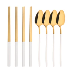 Korean 8Pcs Tableware Set High Quality Stainless Steel Dinner Set White Gold Luxury Dinnerware Spoon Chopsticks Cutlery Set