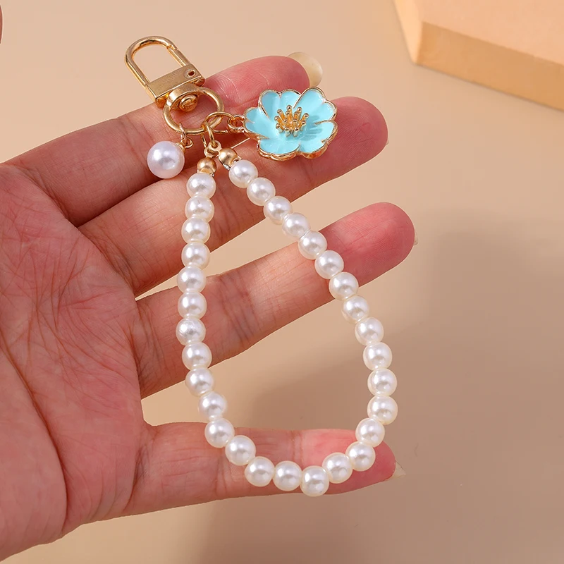 Fashion Imitation Pearl Handmade Beads Keychain Enamel Flower Charms Keyrings for Women Men Car Key Handbag Key Chains DIY Gifts image 2