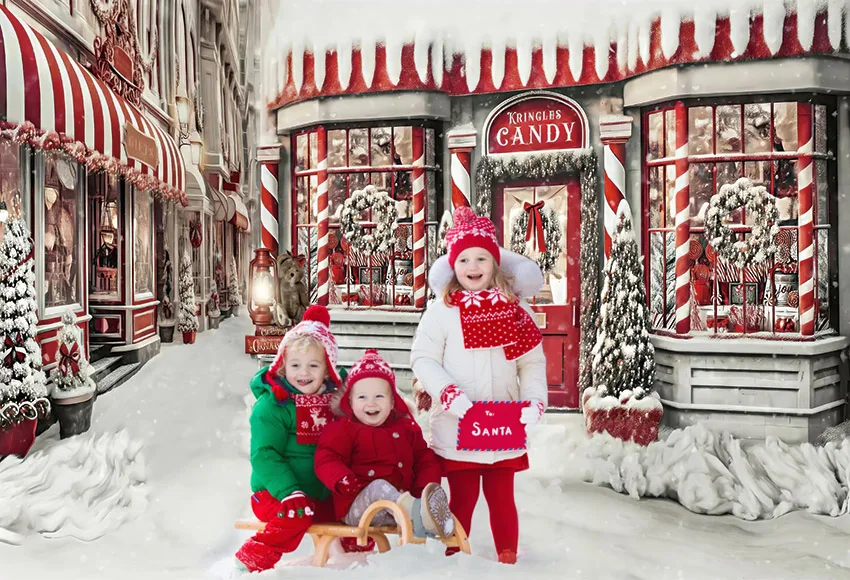 Mehofond Photography Background Christmas Candy Shop Windows Winter Snow Xmas Tree Family Portrait Decor Backdrop Photo Studio