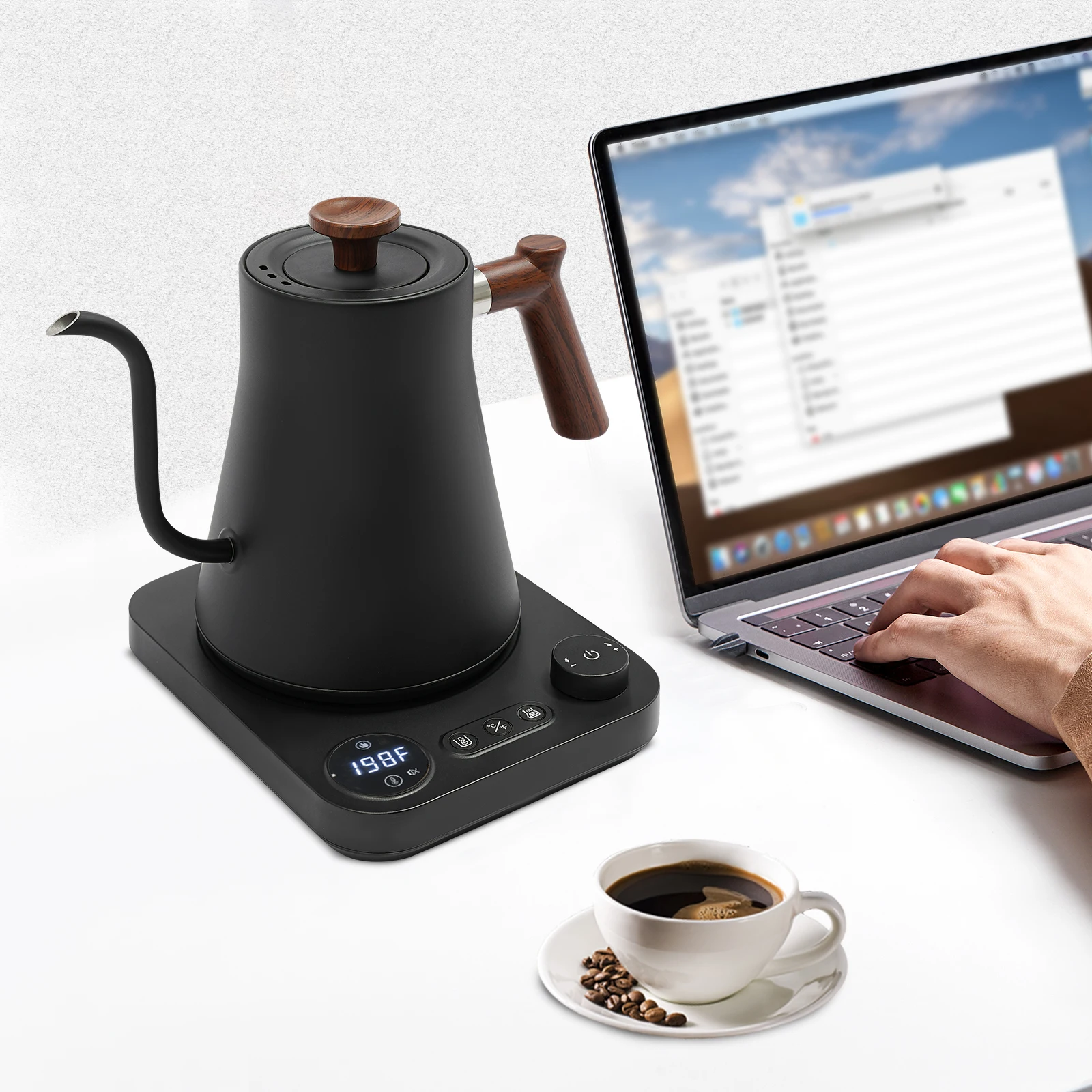 

Электрический чайник с изогнутым носиком 0,9 л, 1200 Вт, ±1 ° Точный контроль температуры и поддержание тепла в течение 24 часов | Чайник для заваривания кофе и чая методом пуровер с ЖК-дисплеем и таймером