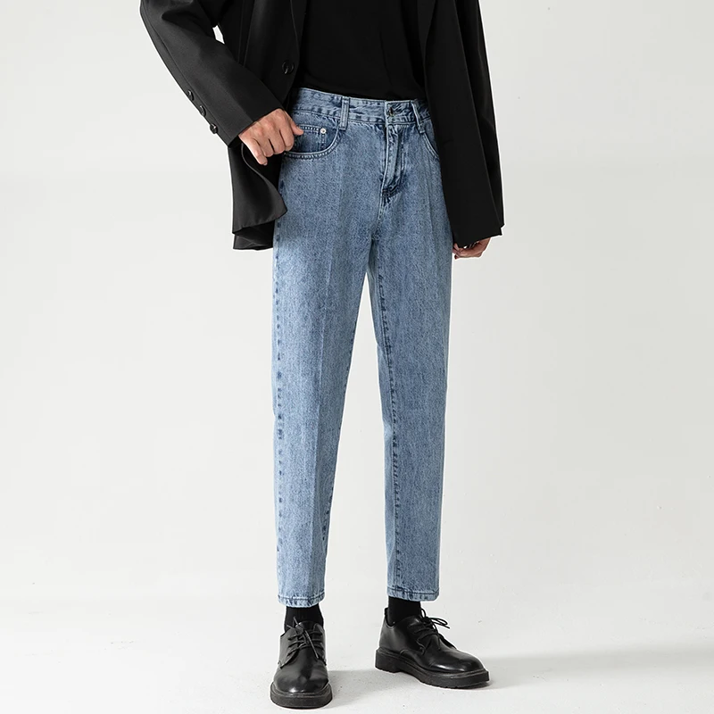 

Slim Fit Straight Leg Jeans Men's Summer Thin Loose Casual Nine-Piece Long Pants Youth Faionable Jeans mid Waist Zipper