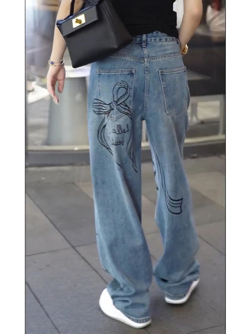 Graffiti Bow Aesthetics Design Vintage Women's Jeans European American Style Jeans for Women Street Personality New Pants Woman