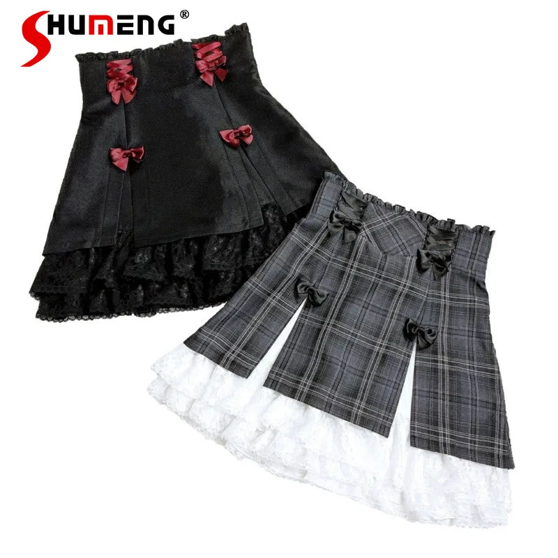 

2026 Summer Japanese Gothic Dark SC Mini Skirts Layered Lace Spliced Bow Split High Waist Sweet Versatile Short Skirt for Women