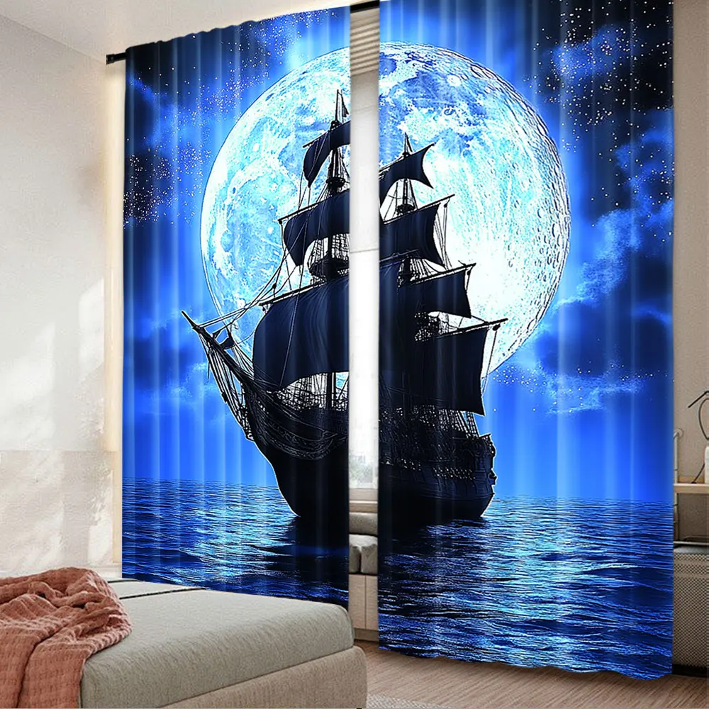 2Pcs Ship Curtains Gloomy Moon Night Curtains Ancient Sailing Ship Curtains Blue Moon Galaxy Curtains Sea View Curtains