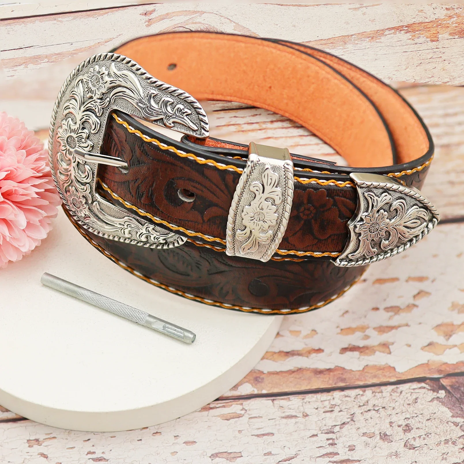 Western Cowboy PU Leather Belt Men Waist Strap Decoration Floral Engraved for Jeans Fashion Women Girdle