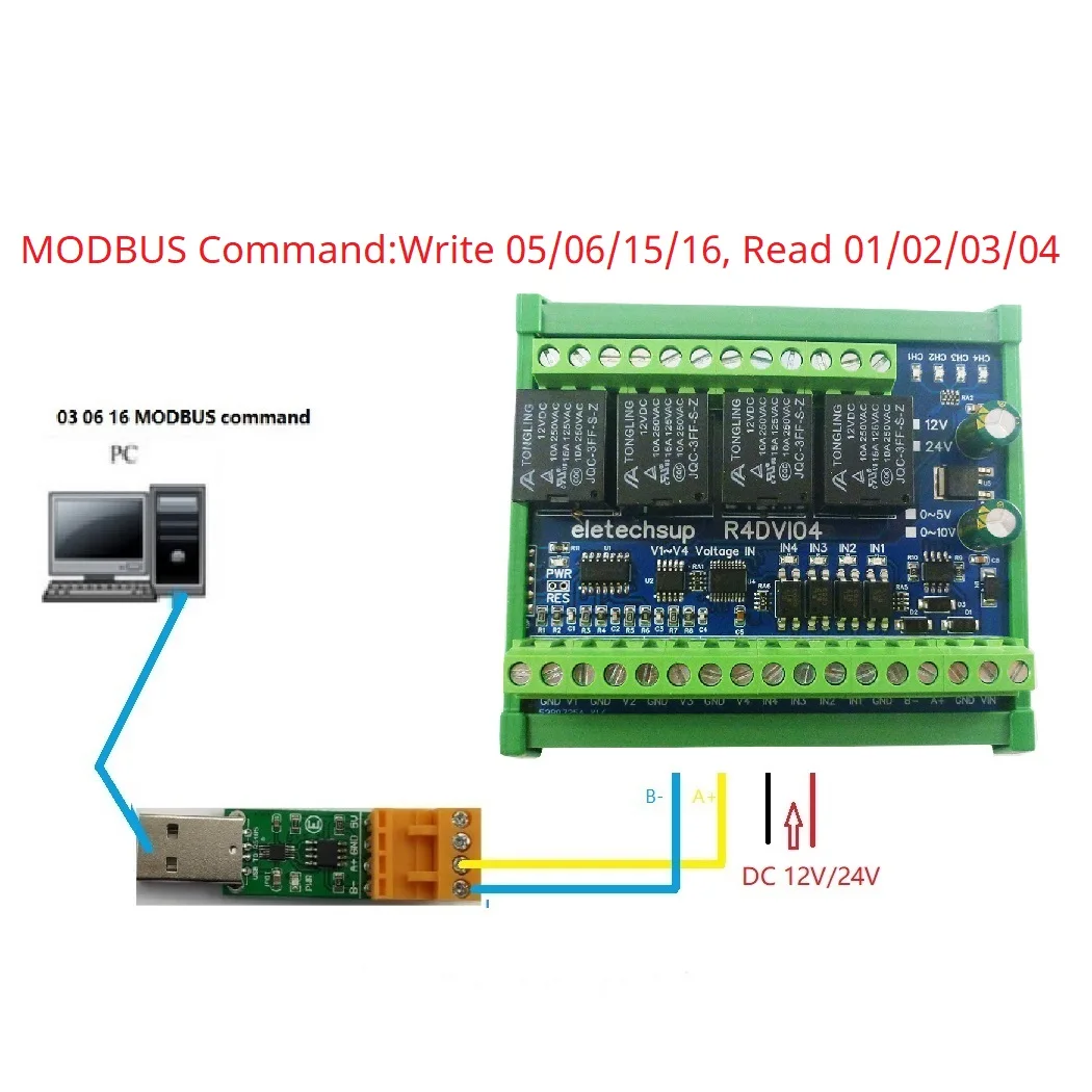 Módulo de entrada ModBus, adquisición de cantidad analógica Digital, valor de conmutación, voltaje de corriente 4-20MA 0-5V 0-10V 4AI 4DI 4DO