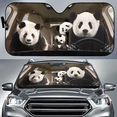 Funny Panda Family Left Hand Drive Car Sunshade for Panda Lovers, Family Panda Four Chinese Bears Driving Auto Sun Shade, Gift f