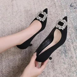 Buty damskie moda Rhinestone kwadratowa klamra buty ślubne dla druhny solidna stado szpiczasty nosek czółenka na szpilkach francuskie buty na wysokim obcasie