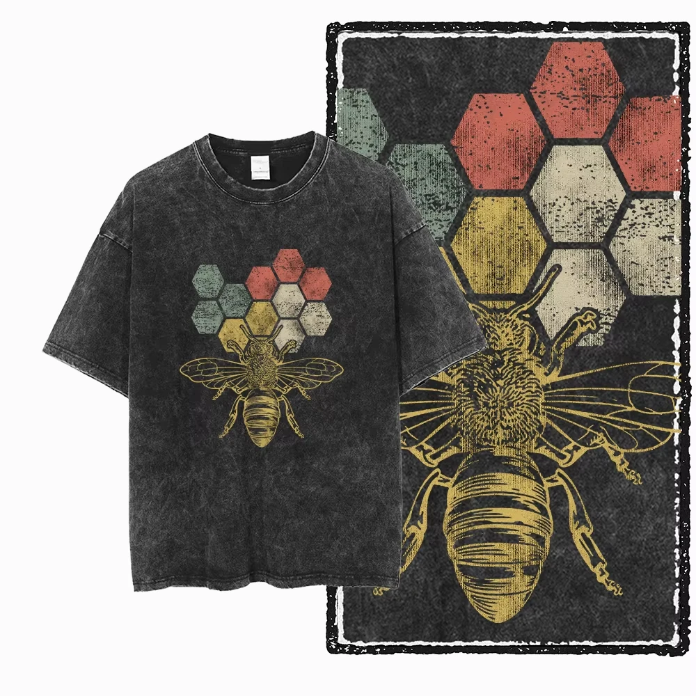DE BEES Bedrucktes Acid-Washed Baumwoll-T-Shirt Exklusive Grafik Unisex Vintage Streetwear Lässiges Sommer-Kurzarm-Oversized-Shirt